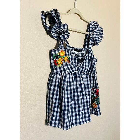 Zara Woman Navy Gingham Embroidered Parrot Babydoll Tank Large - Picture 3 of 9